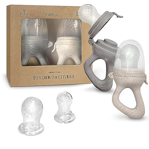 Image of KIDSco. Baby Food Feeder Pacifier Set 2 pcs | Baby Fruit Feeder Teething Pacifier | Food Grade Silicone Infant Food Feeder for Babies | BPA Free | 2 Extra Silicone Nipples