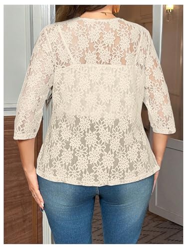 SHENHE Women's Plus Size Floral Lace Jacket Lightweight Open Front 3/4 Dressy Shrug Fall Jacket2