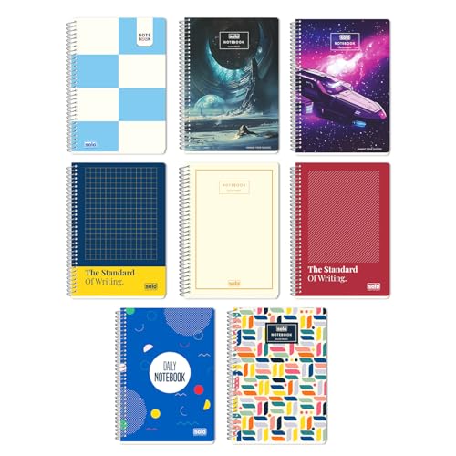 Image of SOLO Premium Spiral Notebook - Pack of 8 | A5 Size (14.8 x 21 cm) | 80 Ruled Pages | Attractive Full UV Cover | Durable & Lightweight | Ideal for College Students, School & Professionals