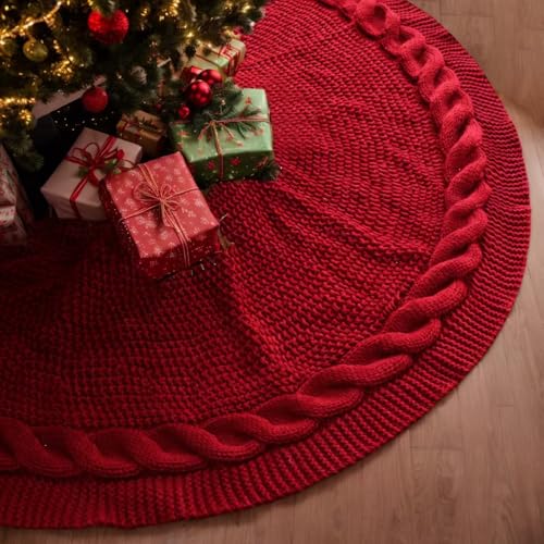 24 Inch Red Knitted Christmas Tree Skirt for 4 Ft Tree - Luxury Thick Rustic Xmas Decoration for Pencil Trees (Red, 24