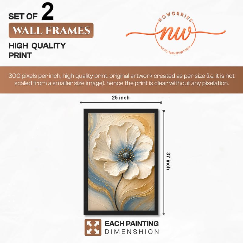 Image of NoWorries Floral Wall Painting Set of 2 with Frame | Premium White Peach & Blue Flower Botanical Artwork, Elegant Nature Wall Decor for Living Room, Bedroom, Office and Home Decoration (Art-17, 25x37inch)