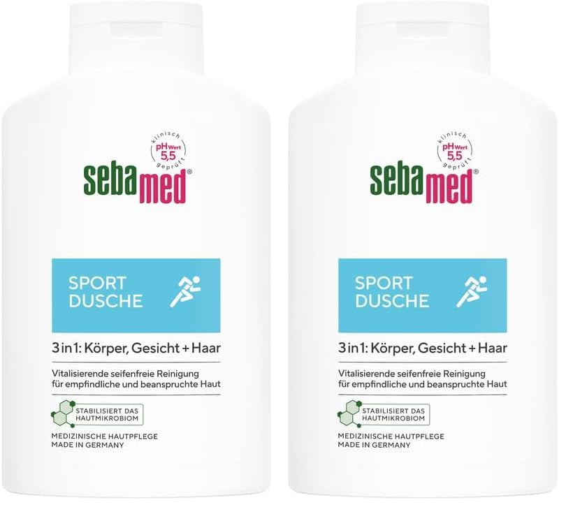 Sebamed Sport Dusche 3 in 1, 400 ml, für Körper, Gesicht und Haar, für Männer und Frauen, Haut- und Haarpflege für sportstrapazierte Haut und Kopfhaut, Shampoo und Duschgel (Packung mit 2)