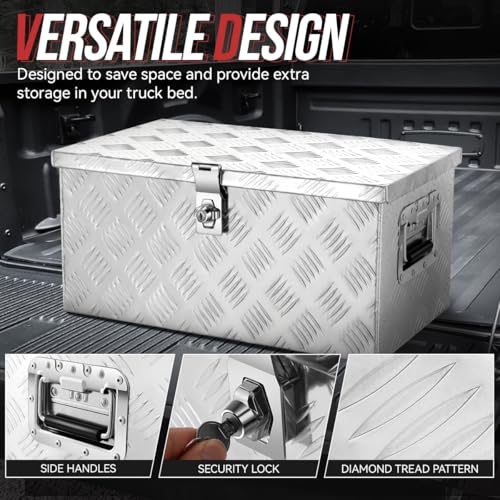 20 Inch Waterproof Truck Bed Tool Box with Top Handle, Heavy Duty Aluminum Trailer Toolbox Storage Organizer Chest for Pickup Truck Bed TV, Bare Silver - Thumbnail 2
