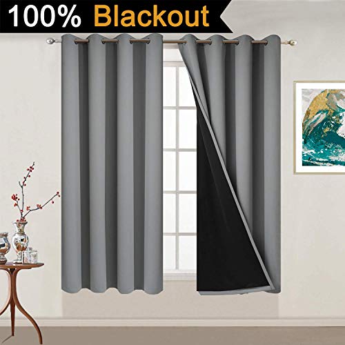 Image of Yakamok Thermal Insulated 100% Blackout Curtains for Bedroom, Heat and Full Light Blocking Drapes with Black Liner for Living Room, 54 inches Length (Grey, 2 Panels, 52 inches Wide Each Panel)