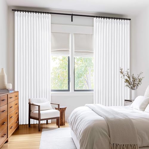 Image of Pure White Pinch Pleated Semi Sheer Linen Curtain 108 Inch Extra Long Drape | Bohemian, Light Filtering Privacy, Floor To Ceiling, Burlap Textured, Living Room Glass Door, Hook Rings Memory Shape, Drapes