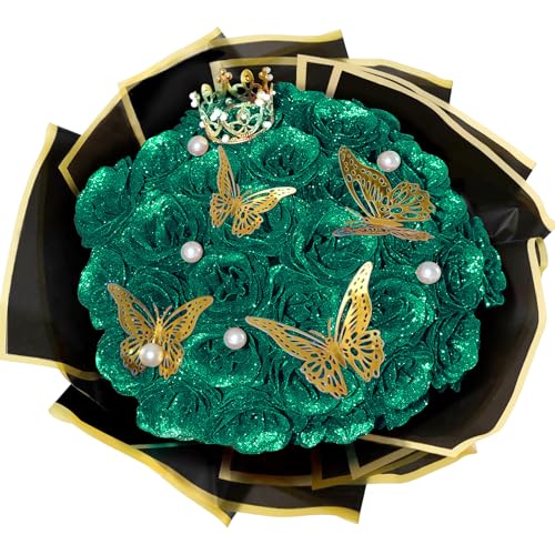 Dark Green Glitter Roses Bouquet, 36 Pcs Shiny Glitter Flowers Bouquet, Everlasting Artificial Roses Bouquet for Mothers Day, Birthday, Anniversary, Wedding, Engagement, Christmas