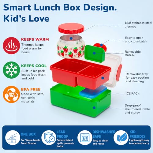 Image of Bento Lunch Box for Kids-3 Compartment Leak Proof Insulated Lunch Container | Strawberry Design Lunch Box-With 12oz Stainless Steel Food Soup Jar & Built-in Ice Pack Bento Box for Boy Girls School Travel