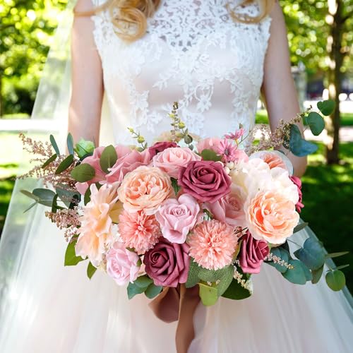 AGIRL Rose Artificial Flowers Combo Fake Flowers Pink Roses Silk Flowers with Stems for DIY Bridal Wedding Bouquets Centerpieces Arrangements Table Party Baby Shower Home Decor (Champagne Pink) - Image 5