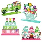 Spring Decorations Wooden Tabletop Set, 4-Piece Rustic Farmhouse Spring Decor for Tiered Tray, Shelf, Mantel & Easter Home Display