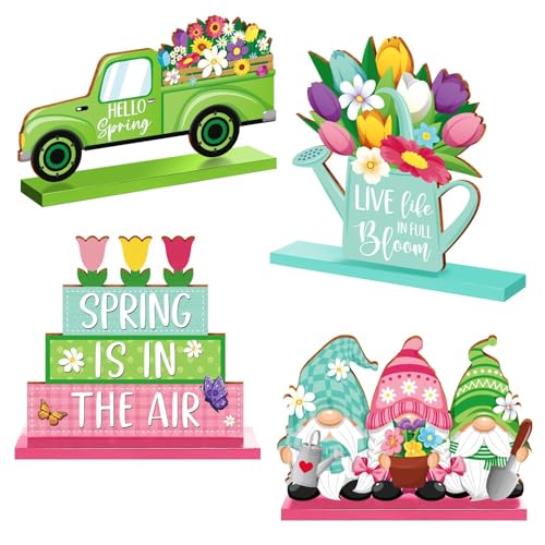 Spring Decorations Wooden Tabletop Set, 4-Piece Rustic Farmhouse Spring Decor