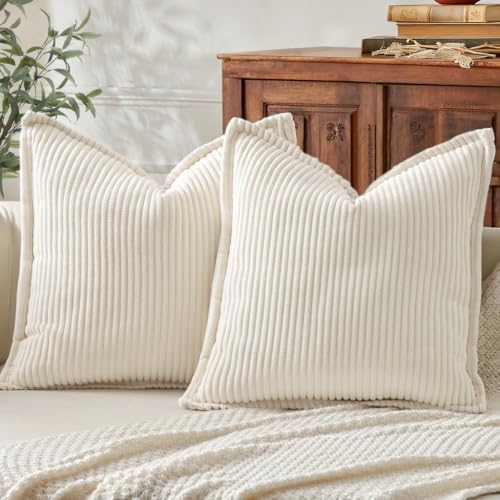 Mecatny Corduroy Throw Pillow Covers 18x18 Set of 2, Neutral Decorative Soft Boho Couch Pillow Covers with Broadside for Sofa Living Room, Cream White