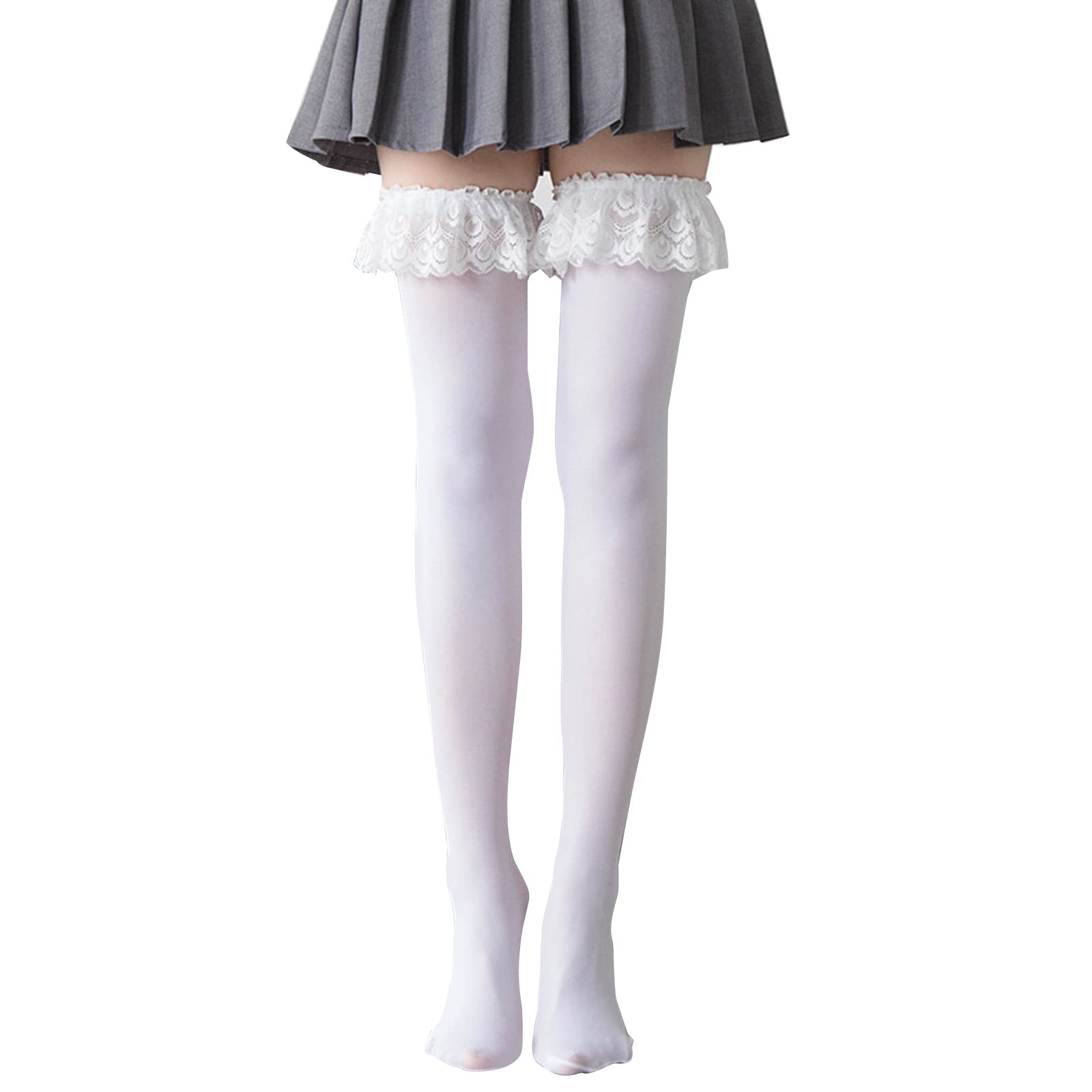 Kobeleen Women's White Thigh High Socks Cute Frilly Lace Patchwork Velvet Over Knee Long Stockings Cosplay Anime Hosiery