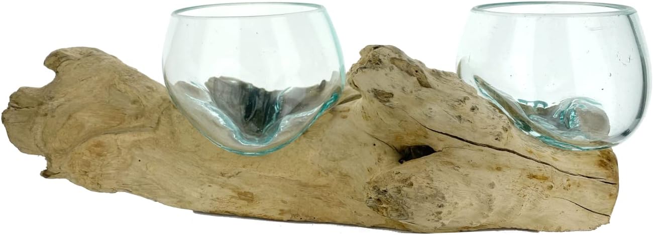 Terrarium Planter - Double Melted Glass Vase Bowl Gamal Driftwood Hand Blown Sculpture Candle Holder Air Succulent Plant Home Décor