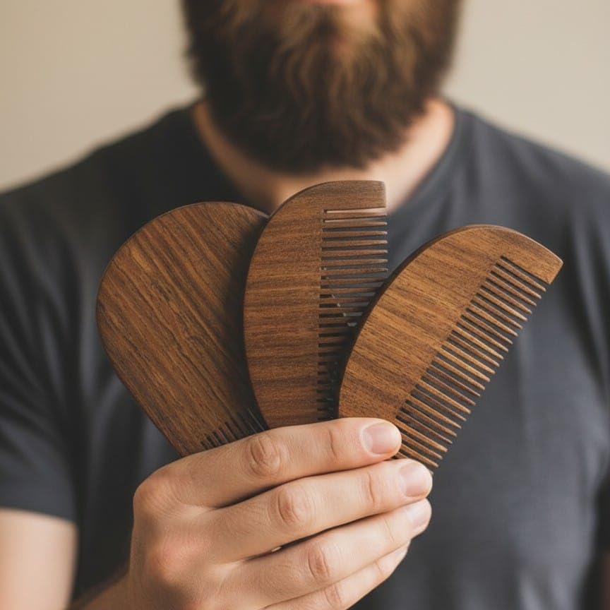 Men Wooden Beard Comb 2 Piece Combo Kit For Beard Care, Pocket Wooden Comb Because It's Easy To Carry In Your Pocket, Sheesham Wood Handicrafted Wooden Comb If It's Handmade, The Urban Groomer For The Modern Man's Grooming. U Shape Size = L 7.5 cm H 9 cm T 1 cm. Umbrella Shape Size = L 10.5 cm H 5 cm T 1 cm