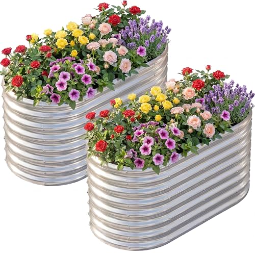 AHEONLAR 2 Pack 422ft Galvanized Raised Garden Bed Outdoor Oval Sturdy and Durable Planter Boxes for Vegetables Fruits Flowers and Plants Easy Assembly Silver