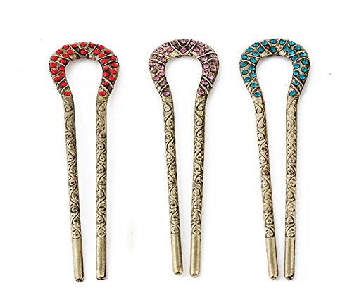 3Pcs Fashion Vintage Alloy U Shaped Chignon Hair Pins Stick Fork Hairpin Hair Jewelry for Women Girls (Blue+Pink+Red)