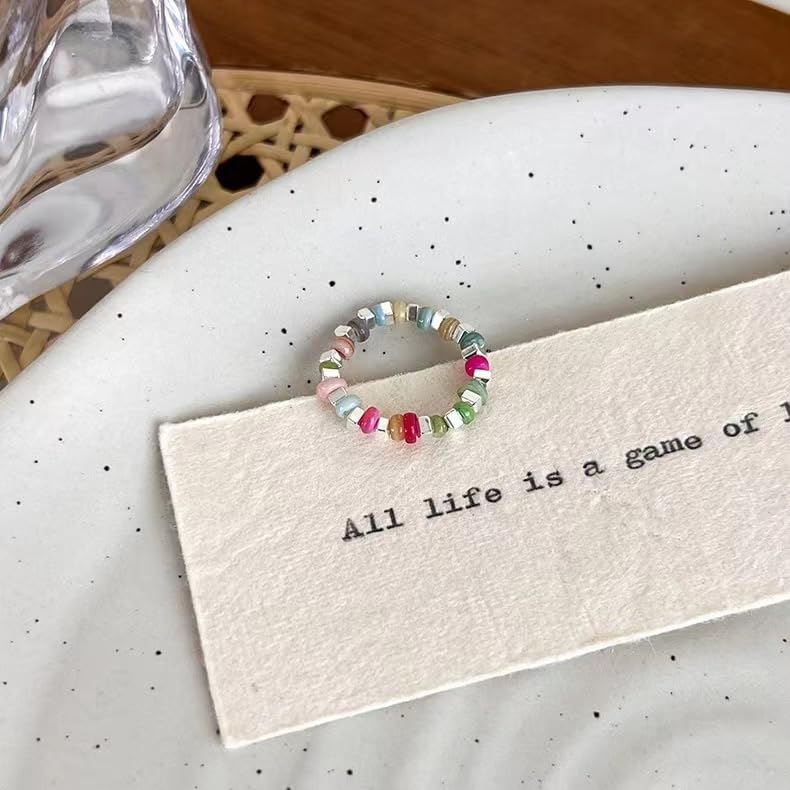 Boho Blue Bead Stretch Ring Beaded Stackable Ring Metal Bead Elastic Finger Ring Blue Bead Elastic Ring Handmade Stacking Ring Jewelry for Women - Image 4