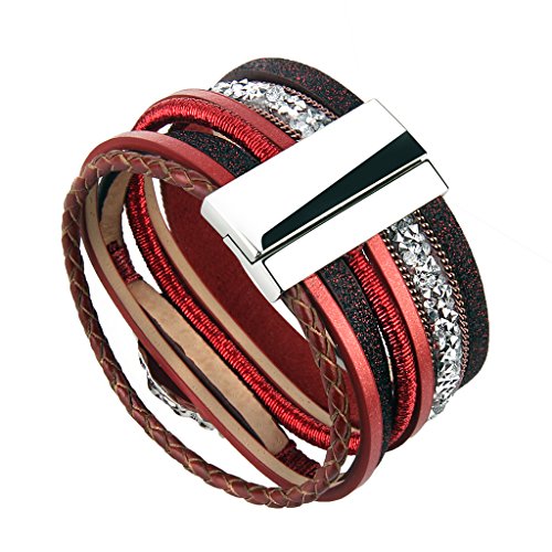 Coolla Braided Wrap Bracelet Agate Stone Crystal Leather Cuff Bangle Women Bracelet (Red Leather Bracelet) #TOP5