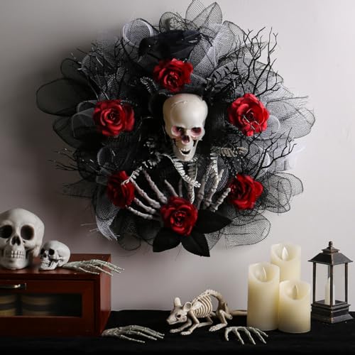 lqzb Halloween Garland with Red Roses, Skulls&Spider Webs for Spooky Haunted House&Bar