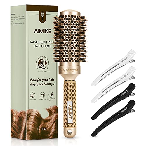AIMIKE Round Brush for Women, Nano Thermal Ceramic and Ionic Tech Hair Brush, Medium Round Brush with Boar Bristles for Blow Drying, Styling, Curling, Increase Hair Shine (Barrel 1.7 ) + 4 Hair Clips