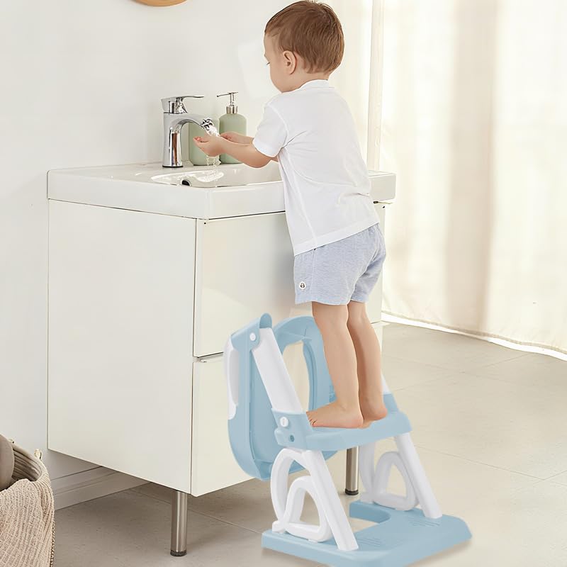 Reducteur Toilette Enfant avec Marche, Stabiliser Rehausseur avec Structures Triangulaires, Adaptateur Toilette Enfant avec Coussin,Pot toilette pour bébé, Antidérapant et Pliable,PVC (bleu)
