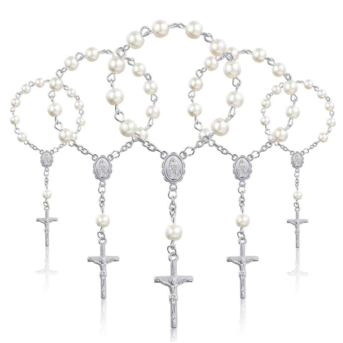 5 Piezas Rosarios de Bautismo, Mini Religiosos de Dedo con Cuentas de Perlas de Imitación, Recuerdos y Recordatorio, con Cruces para Pulseras, para Bautizo, Comunión, Boda, Fiesta (Oro) — view 7