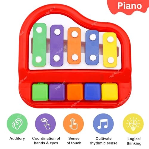 Image of 2 in 1 Piano Xylophone Premium Non Toxic Non-Battery 5 Key Scale Musical Instrument Mini Piano Toy for Kids Toddlers (Color Red)