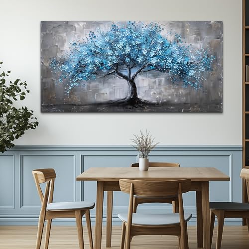 FUHAIHUA Canvas Wall Decor For Bedroom Large Wall Art For Living Room Office Decortions Black And White Paintings Blue Trees Wall Pictures Framed Mural Aesthetic Home Decor Posters Artwork 24x48 In