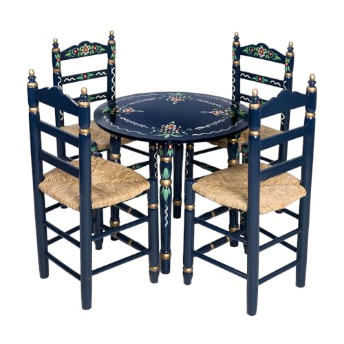Solycarpa Pack de 4 Sillas y 1 Mesa Sevillanas Azules Artesanales de Madera de Chopo para Eventos y Fiestas. Resistente, Ecológico, con Diseño Floral Andaluz.