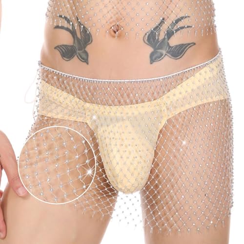 Mens Fishnet Skirt with Rhinestone Mesh Boxer Briefs Sissy Dress See Through Sexy Underwear