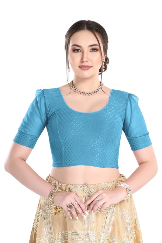 Image of FINESTFIT Stay On Trend Fashion 100% Cotton Readymade Blouses for Women,Round Neckline with Organza Balloon Sleeves.