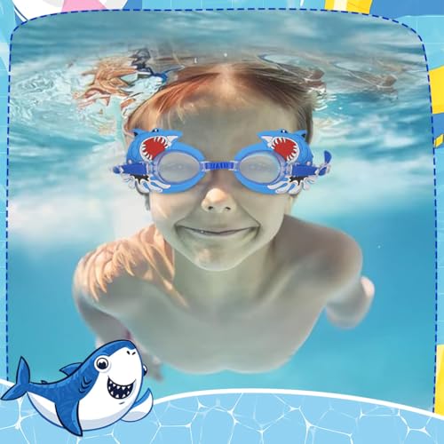 Image of PROBEROS Kids Swimming Goggles - Anti-Fog UV Protection, Adjustable Silicone Seal for Leak-Free Fit, Cartoon Shark Design with Free Ear Plugs & Case (6-12 Years)
