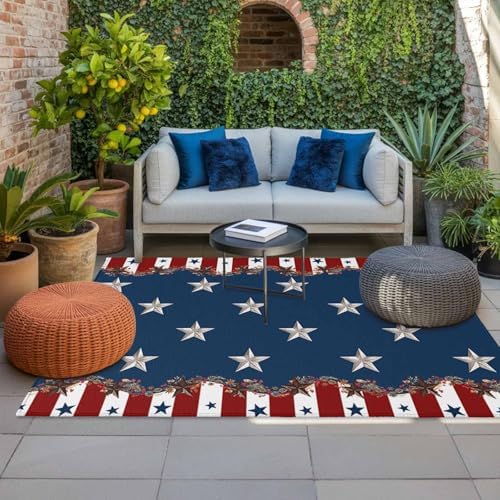 4th of July Outdoor Rug 6x9 ft Patriotic Star Stripes Outdoor Lar...