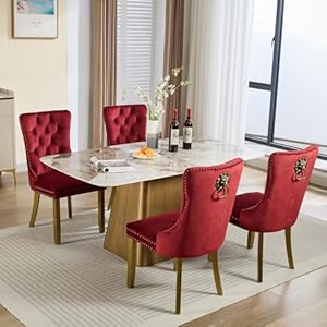 Velvet Dining Chairs Set of 6 Modern Tufted Dining Room Chair Upholstered Dining Chairs with Lion Head Pulls Ring and Golden Solid Wood Legs Luxury Kitchen Chairs for Dining Room Burgundy