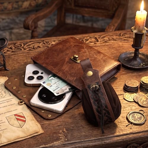 Image of Renaissance Belt Pouch Medieval Viking Leather Bracers Set for LARP