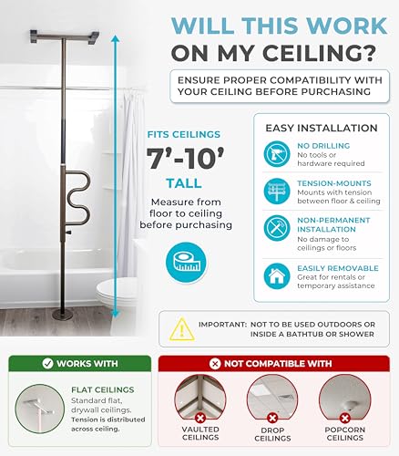 Image of Stander Wonder Pole Plus with Rotating Double Grab Bar, Tension Mounted Security Pole for Seniors & Elderly Adults, No-Drill Floor to Ceiling Transfer Pole for Home & Bath Safety, Bronze