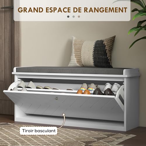 Banc à chaussures blanc 100cm avec meuble de rangement à tiroir rabattable - 4
