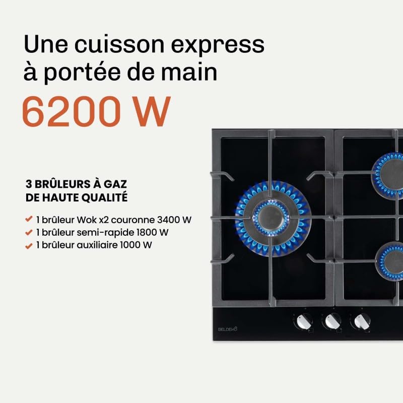 BELDEKO Plaque de cuisson Gaz 3 Feux 60 cm Verre Noir - Grilles Fonte - Marque Française