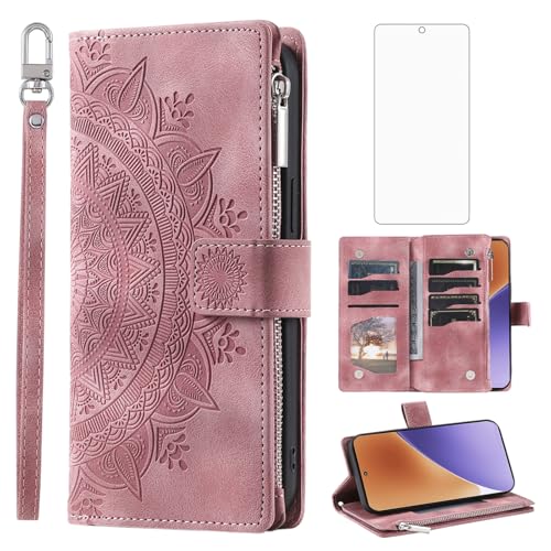 Protection portefeuille Xiaomi 15 gravée fleur mandala avec vitre haut de gamme