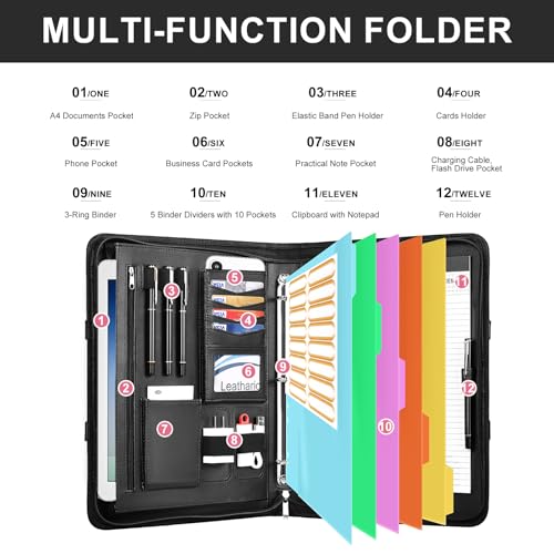 Leathario Portfolio Binder, Includes 5 Folder Index Dividers, 13 Inch Tablets Organizer with Handle, Vegan Leather A4 Padfolio, Multi-Pocket Notepad Business Planner Professional Document by Leathario - Image 5