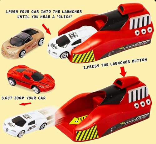 Image of Royals hub Big Size Rapid Launcher High Speed Car Set of 7PCS Die-Cast Metal Car Set Stunt Car Master Racer with High-Speed Launcher Includes 3 Road Blockers 1 Stopper Birthday Gift for Boys Girls 3+