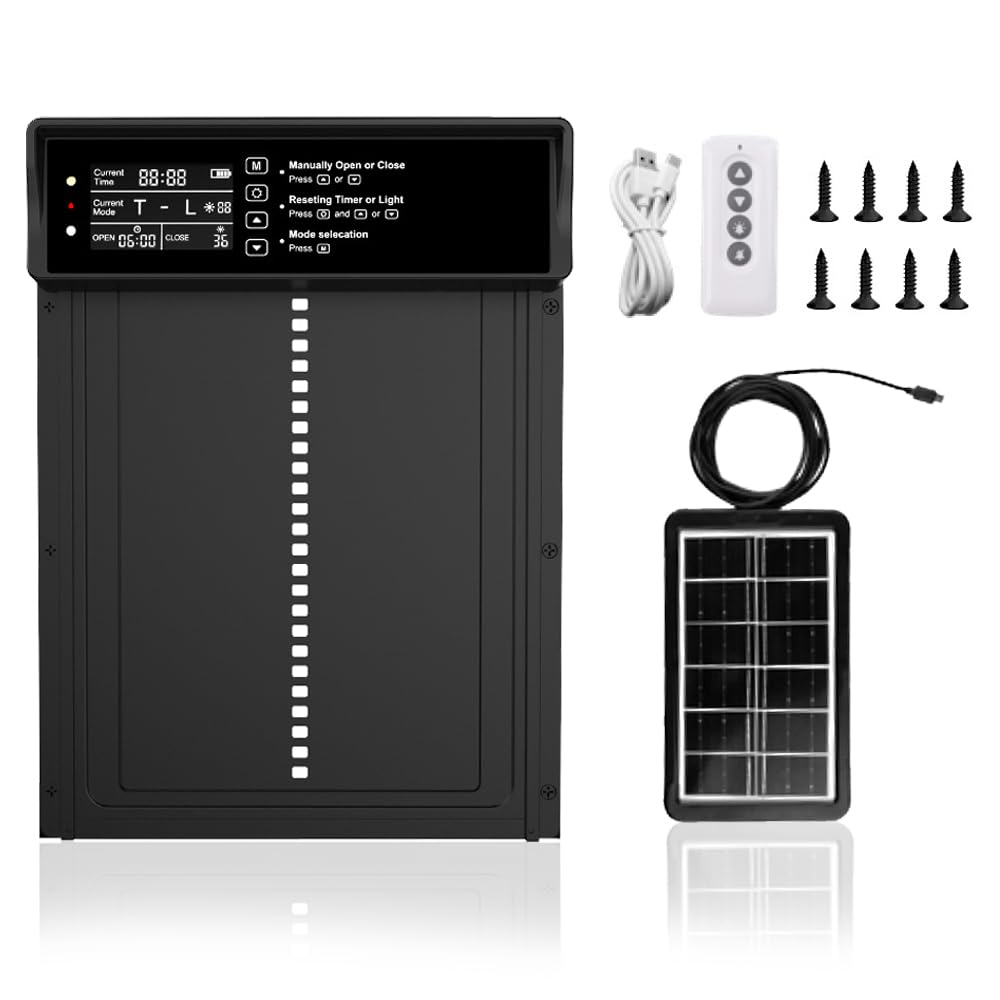 Porte Poulailler Automatique Solaire, Aluminium Renforcé pour Poules, avec Minuterie, Capteur de Lumière, Télécommande, Étanche IP45, Anti-Pincement Intelligent Porte Poulailler Automatique