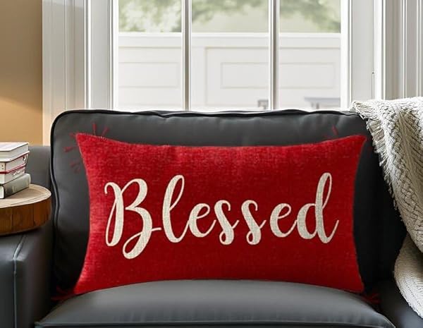 Nice Gift Inspirational Blessed Words Waist Lumbar Red Cotton Linen Throw Pillow Case Cushion Cover for Sofa Home Christmas Decorative Oblong 12x20 Inches by NIDITW - Image 2