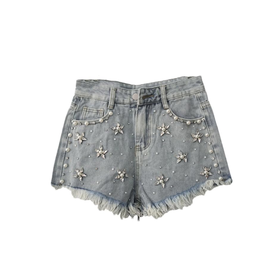 Short en jean taille haute galbant couleur unie bleu clair
