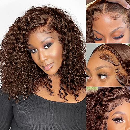 LZGYE 16 Inch Chocolate Brown Deep Wave Lace Front Wigs Human Hair Colored Lace Frontal Wig for Women 13X4 HD Transparent Lace Curly Wig Human Hair Pre Plucked with Baby Hair 150% Density