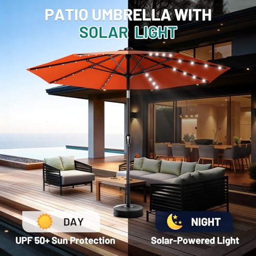 Image of AreShark 9FT Patio Umbrella with Solar Lights, 32 Lighted Pool Umbrella w /Tilt and Crank, Outdoor Market Solar Umbrellas for Garden, Deck, Backyard, Pool and Beach, Orange