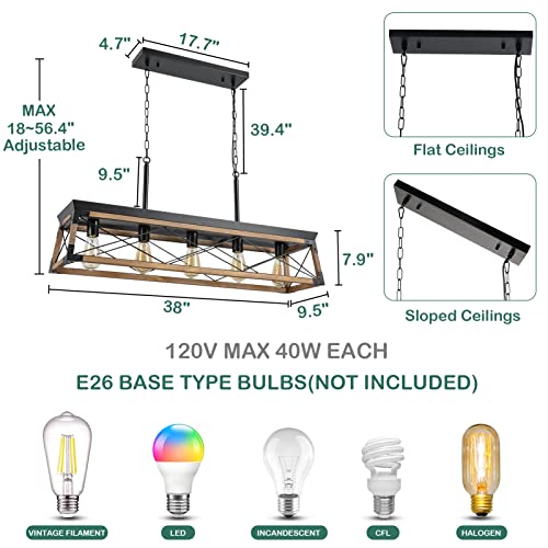 Bribyit Rustic Farmhouse Chandelier, Wood Dining Room Light Fixture, 5 Lights Rectangle Chandelier, Kitchen Island Hanging Light For Dining Living Room, Pool Table, Bar #TOP4