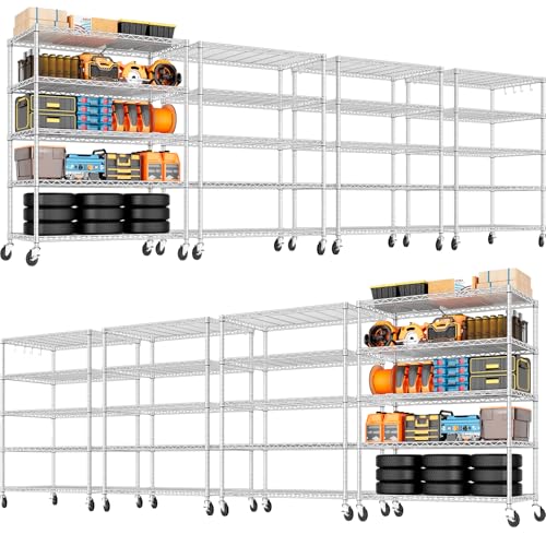 PrimeZone 5 Tier 48" Wx24''Dx81''H Wire Shelving with Wheels 3000lbs NSF Storage Shelves Heavy Duty Metal Shelf Adjustable Rolling Rack Commercial Garage Restaurant Warehouse Kitchen Chrome 8Pack