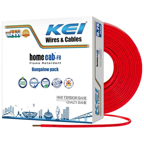 Image of KEI WIRES & CABLES Homecab 0.75 sqmm 1 Core 99.97% Pure Copper Conductor Flame Retardant House Wire PVC Insulated Cable for Domestic & Industrial Electrical Wiring (Red, 180 Meters)
