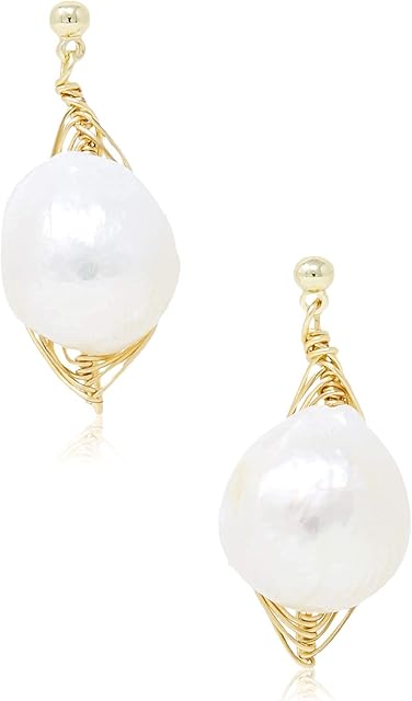 Amazon Collection Dangle Irregular Natural Freshwater Pearl Handmade with Twisted 14K Gold Plating Dangle Earring for Women Girl Gifts Present Valentines Birthday Anniversary Mothers Day Christmas